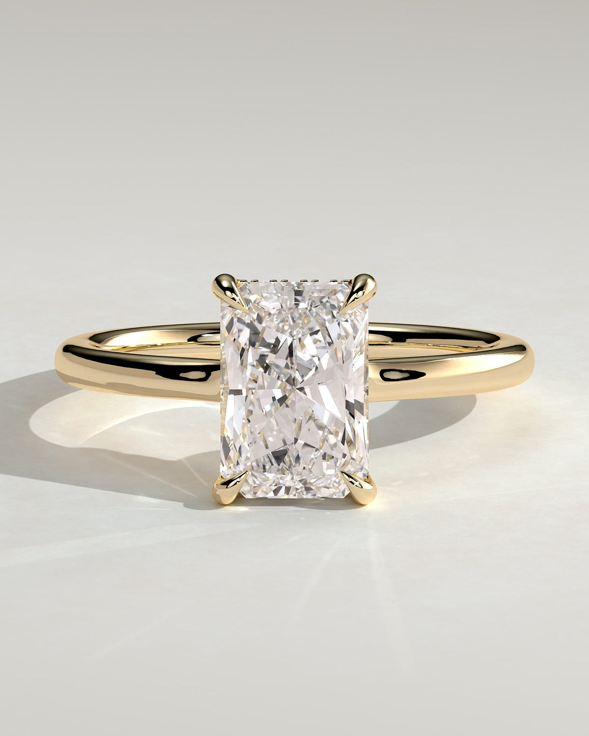 Adina - Radiant Claw Solitaire with Hidden Halo and Floating Cathedral Low Setting Engagement Ring - Yellow Gold
