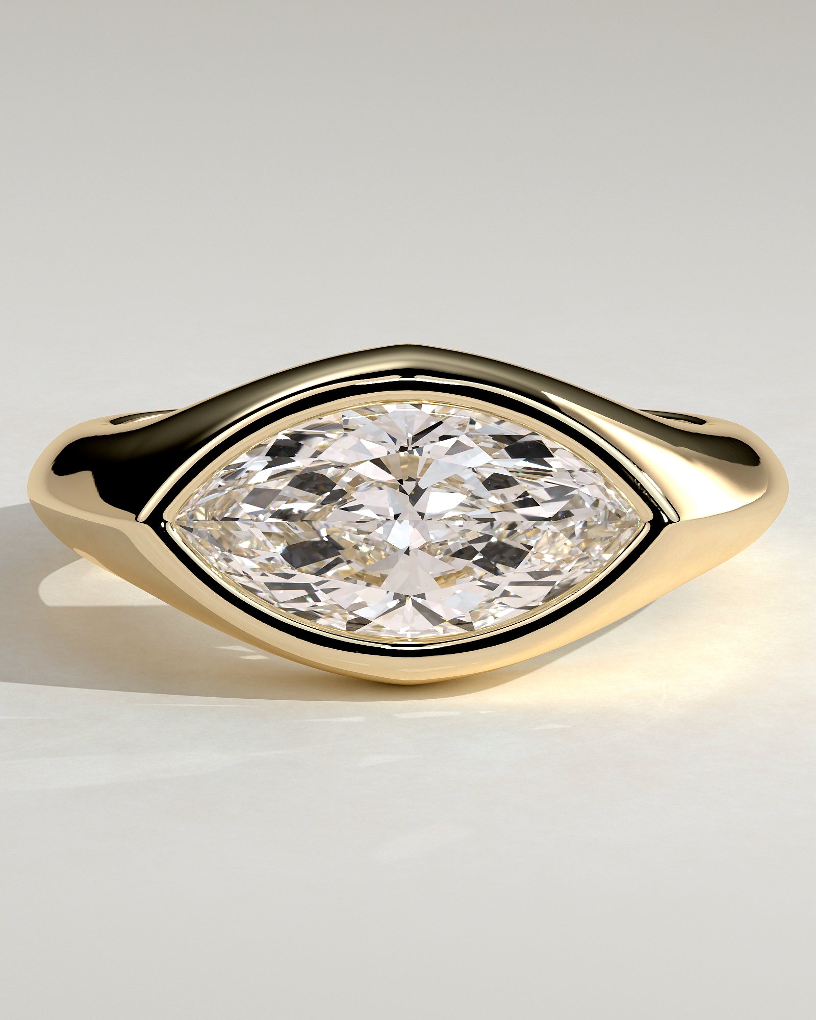 Angie - Statement Marquise East West Bezel Solitaire with Signet Band Engagement Ring - Yellow Gold - Yellow Gold 2ct