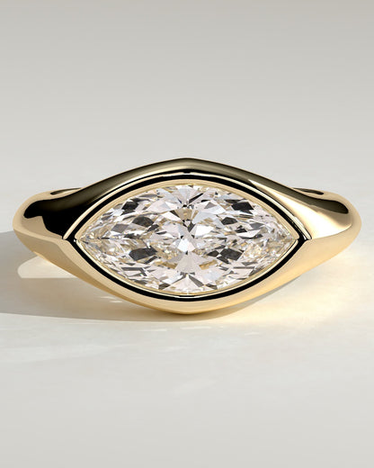 Angie - Statement Marquise East West Bezel Solitaire with Signet Band Engagement Ring - Yellow Gold - yellow gold - Lara Jewels