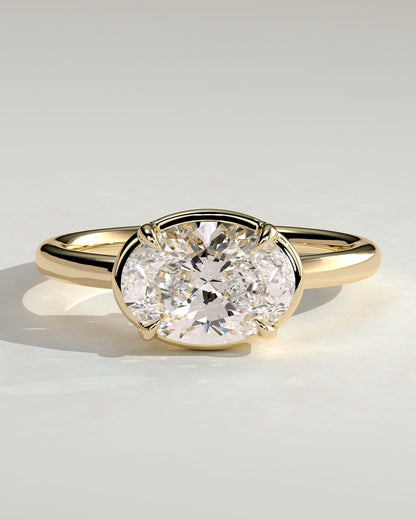 Arlo - Oval East West Claw Solitaire with Bezel Frame Engagement Ring - Yellow Gold
