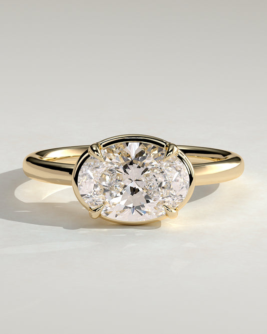 Arlo - Oval East West Claw Solitaire with Bezel Frame Engagement Ring - Yellow Gold - Yellow Gold 2ct