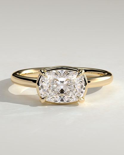Daya - Elongated Cushion East West Claw Solitaire with Bezel Frame Engagement Ring - Yellow Gold