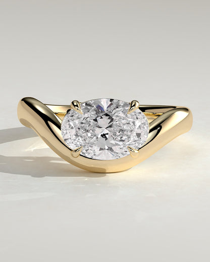 Hayley - Oval East West Claw Solitaire with Wave Band Engagement Ring - Yellow Gold