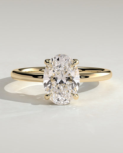 Kiana - Oval Claw Solitaire with Hidden Halo and Floating Cathedral Low Setting Engagement Ring - Yellow Gold