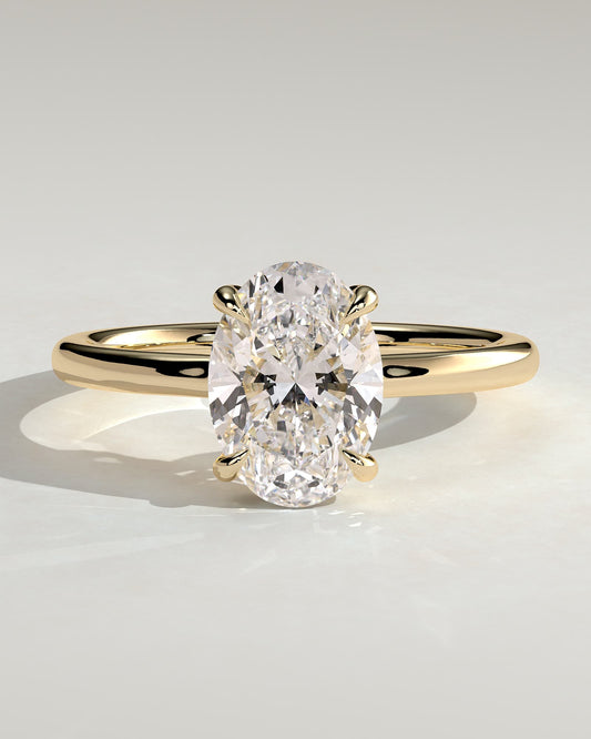 Kiana - Oval Claw Solitaire with Hidden Halo and Floating Cathedral Low Setting Engagement Ring - Yellow Gold