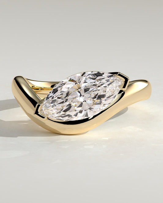 Pia - Marquise East West Claw Solitaire with Wave Band Engagement Ring - Yellow Gold