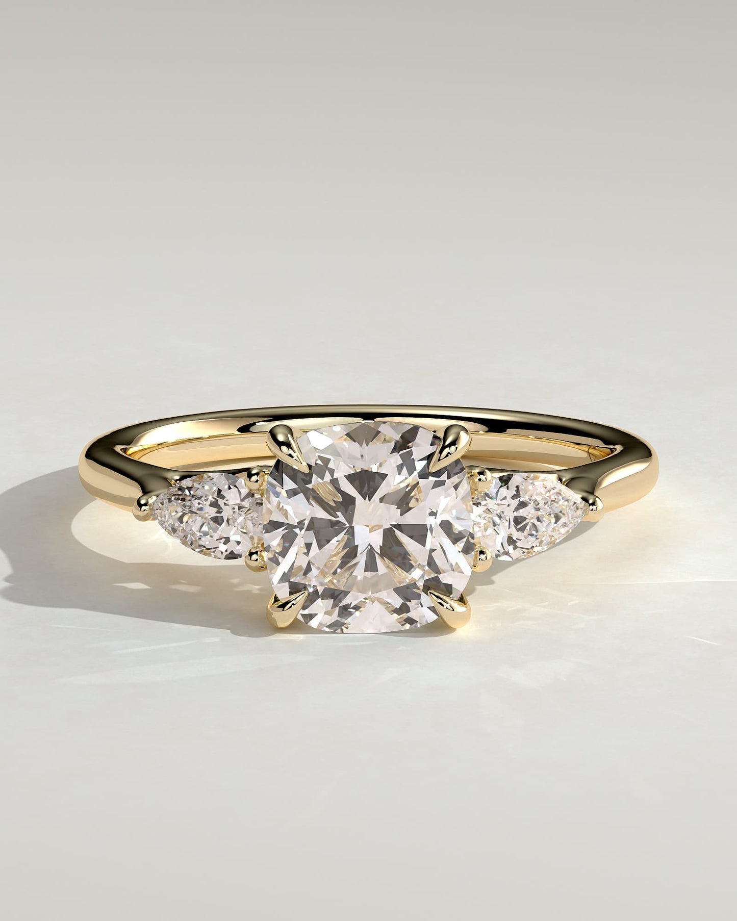 Selena - Cushion Claw Trilogy with Pear Side Stones and Open Trellis Gallery Engagement Ring - Yellow Gold