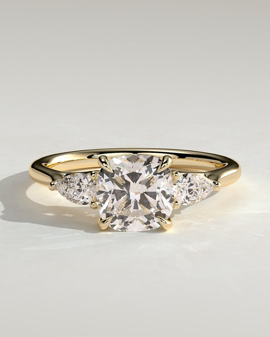 Selena - Cushion Claw Trilogy with Pear Side Stones and Open Trellis Gallery Engagement Ring - Yellow Gold