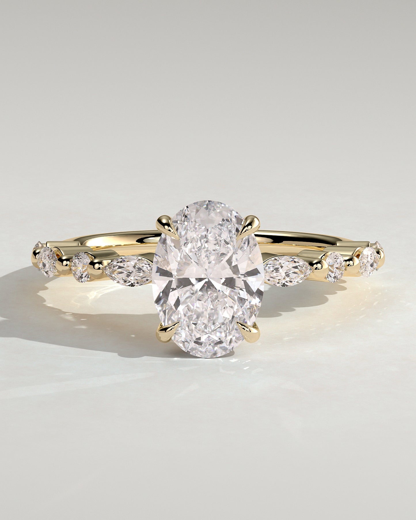 Brandi - Oval Claw Solitaire with Marquise-Round Accent Stones and Hidden Halo Engagement Ring - Yellow Gold - Yellow Gold 2ct