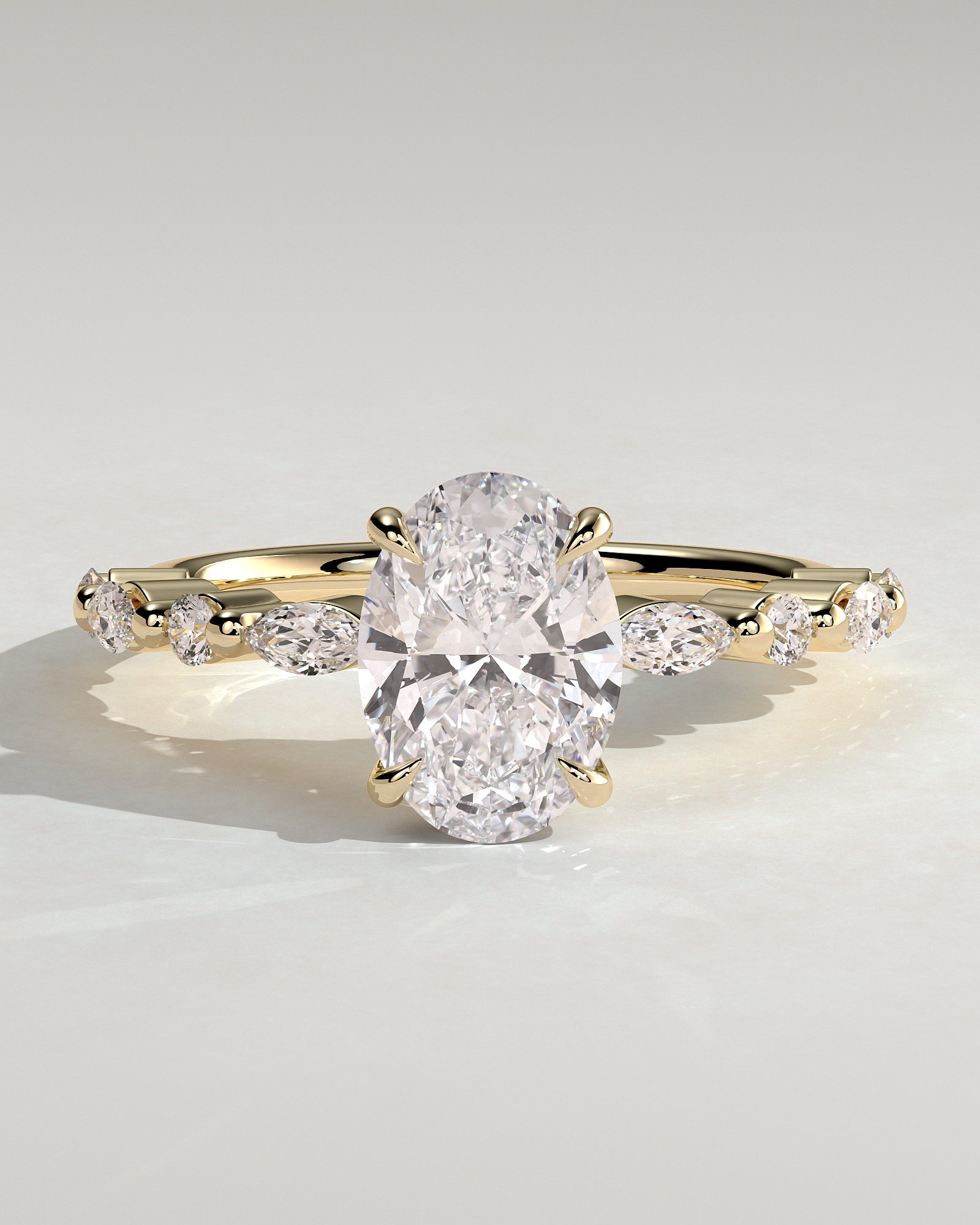 Brandi - Oval Claw Solitaire with Marquise-Round Accent Stones and Hidden Halo Engagement Ring - Yellow Gold - Yellow Gold 2ct