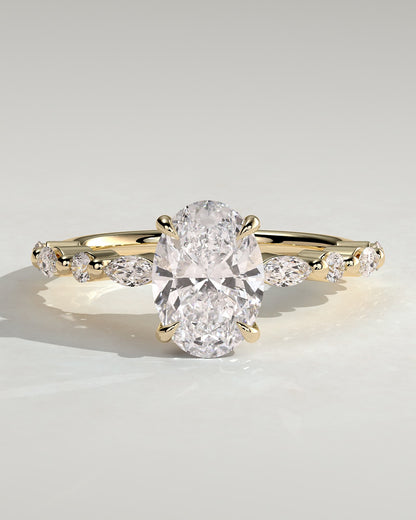 Brandi - Oval Claw Solitaire with Marquise-Round Accent Stones and Hidden Halo Engagement Ring - Yellow Gold