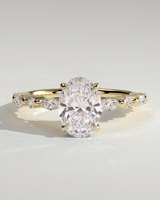 Brandi - Oval Claw Solitaire with Marquise-Round Accent Stones and Hidden Halo Engagement Ring - Yellow Gold - Yellow Gold 2ct