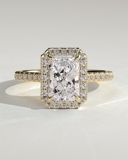 Clementine - Radiant Claw Solitaire with Halo and Pave Band and Cathedral High Setting Engagement Ring - Yellow Gold
