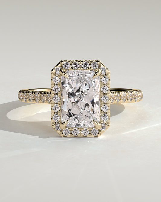 Clementine - Radiant Claw Solitaire with Halo and Pave Band and Cathedral High Setting Engagement Ring - Yellow Gold - Yellow Gold 2ct