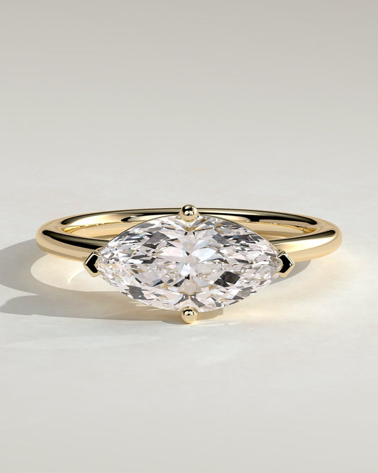 River - Marquise East West Claw Solitaire with Raised Basket Gallery Engagement Ring - Yellow Gold