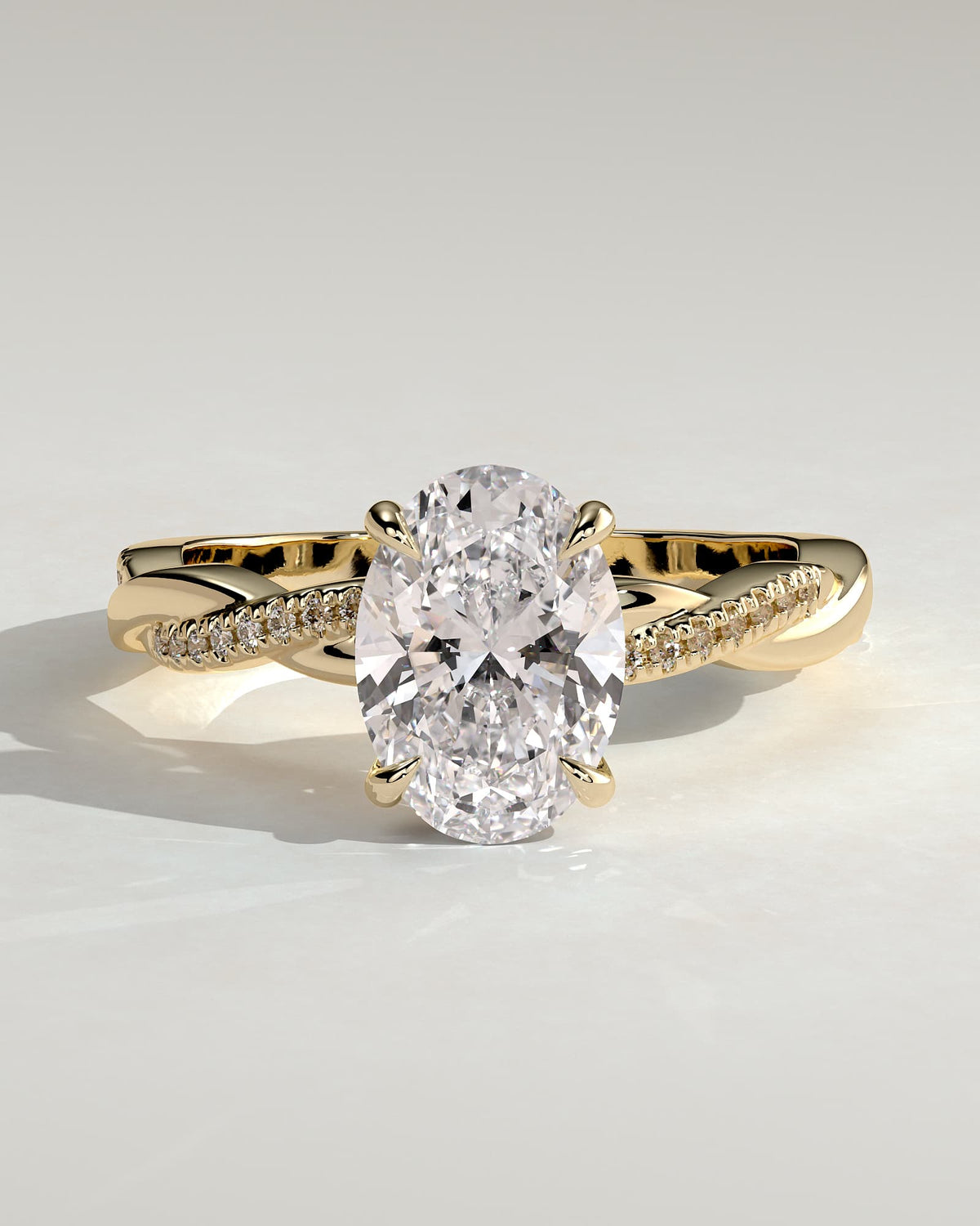 Lara - Oval Claw Solitaire with Hidden Halo and Twisted Alternating Pave Band Engagement Ring - Yellow Gold