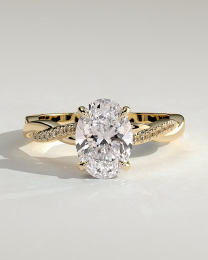 Lara - Oval Claw Solitaire with Hidden Halo and Twisted Alternating Pave Band Engagement Ring - Yellow Gold