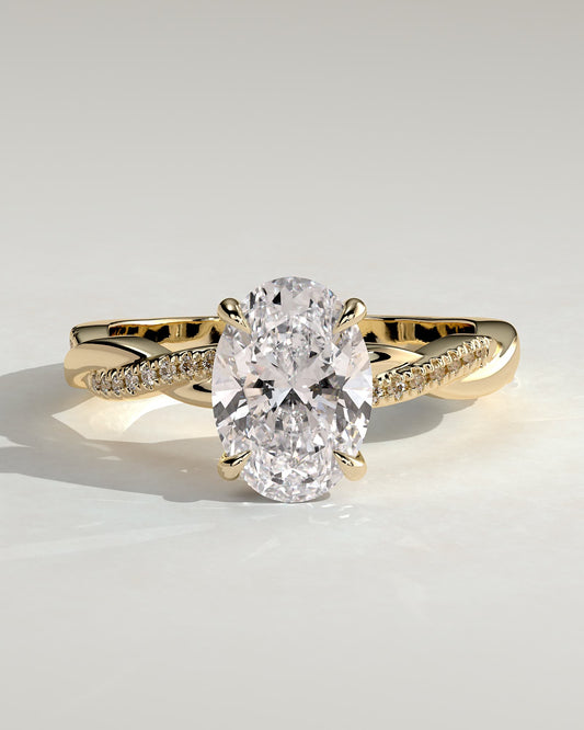 Lara - Oval Claw Solitaire with Hidden Halo and Twisted Alternating Pave Band Engagement Ring - Yellow Gold
