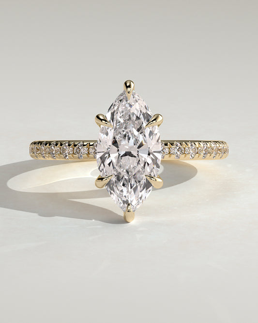 Waverly - Marquise Claw Solitaire with Hidden Halo and Pave Band Engagement Ring - Yellow Gold - Yellow Gold 2ct