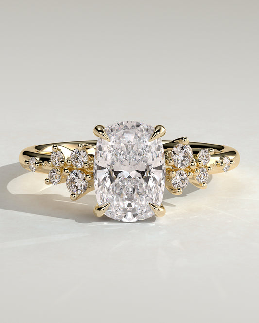 Winnie - Elongated Cushion Claw Solitaire with Clustered Round Shoulder Stones Engagement Ring - Yellow Gold - Yellow Gold 2ct