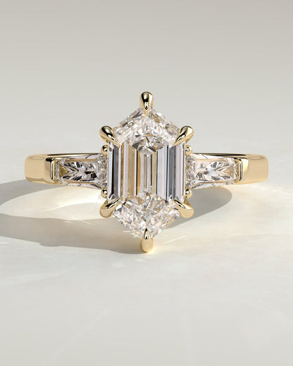 Myrtle - Elongated Hexagon Claw Trilogy with Tapered Baguette Side Stones and Cathedral Setting Engagement Ring - Yellow Gold