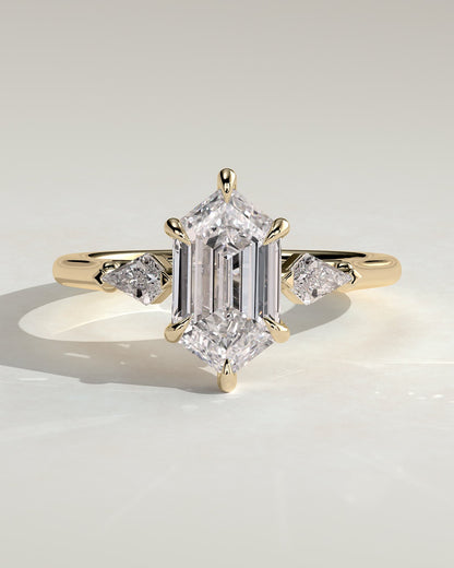 Wanda - Elongated Hexagon Claw Trilogy with Kite Side Stones Engagement Ring - Yellow Gold