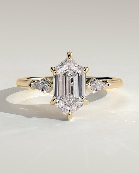 Wanda - Elongated Hexagon Claw Trilogy with Kite Side Stones Engagement Ring - Yellow Gold - Yellow Gold 2ct