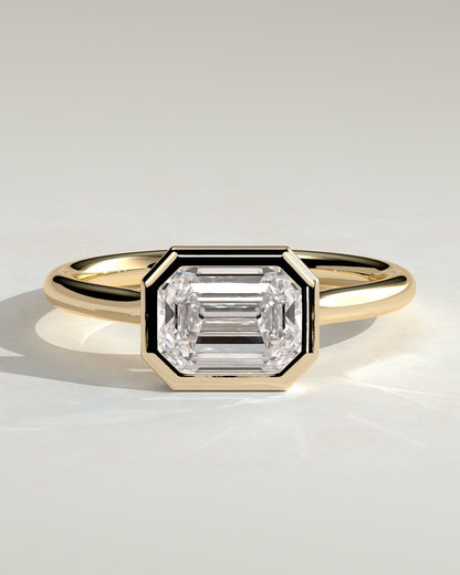 Olive - Statement Emerald East West Bezel Solitaire with Open Cathedral High Setting Engagement Ring - Yellow Gold