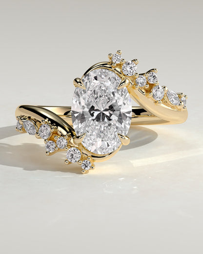 Ezmerelda - Oval Claw Solitaire with Bypass Band and Clustered Round-Marquise Accent Stones Engagement Ring - Yellow Gold