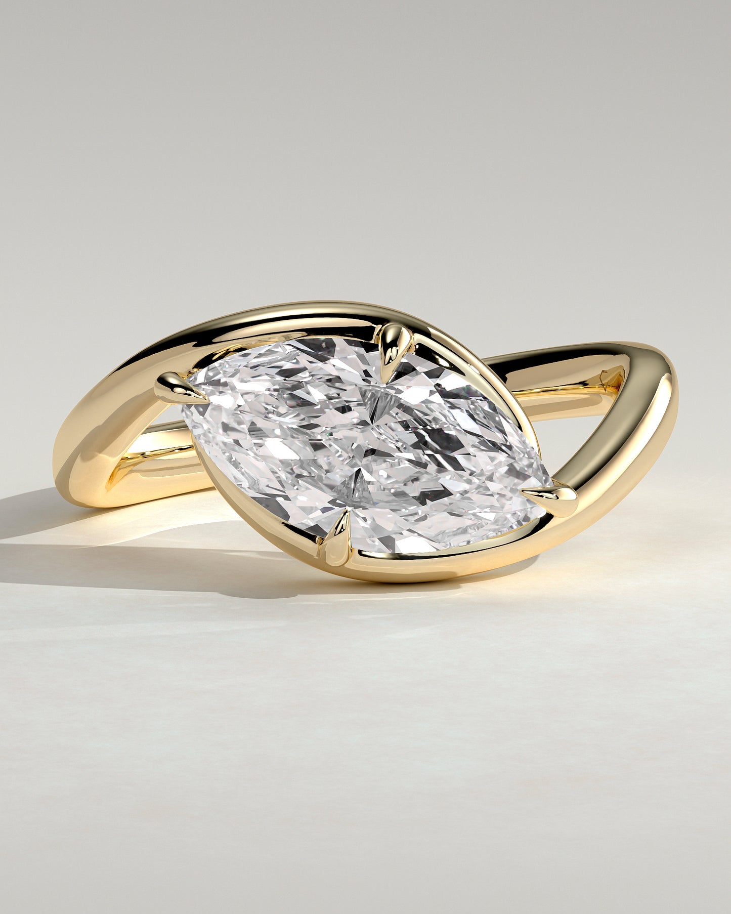 Beverly - Marquise East West Claw Solitaire with Bypass Band  Engagement Ring - Yellow Gold - Yellow Gold 2ct