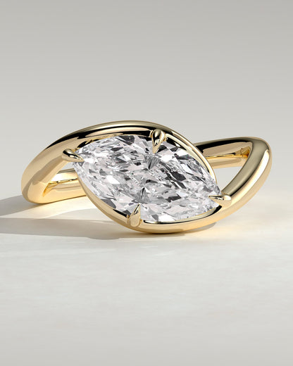 Beverly - Marquise East West Claw Solitaire with Bypass Band  Engagement Ring - Yellow Gold