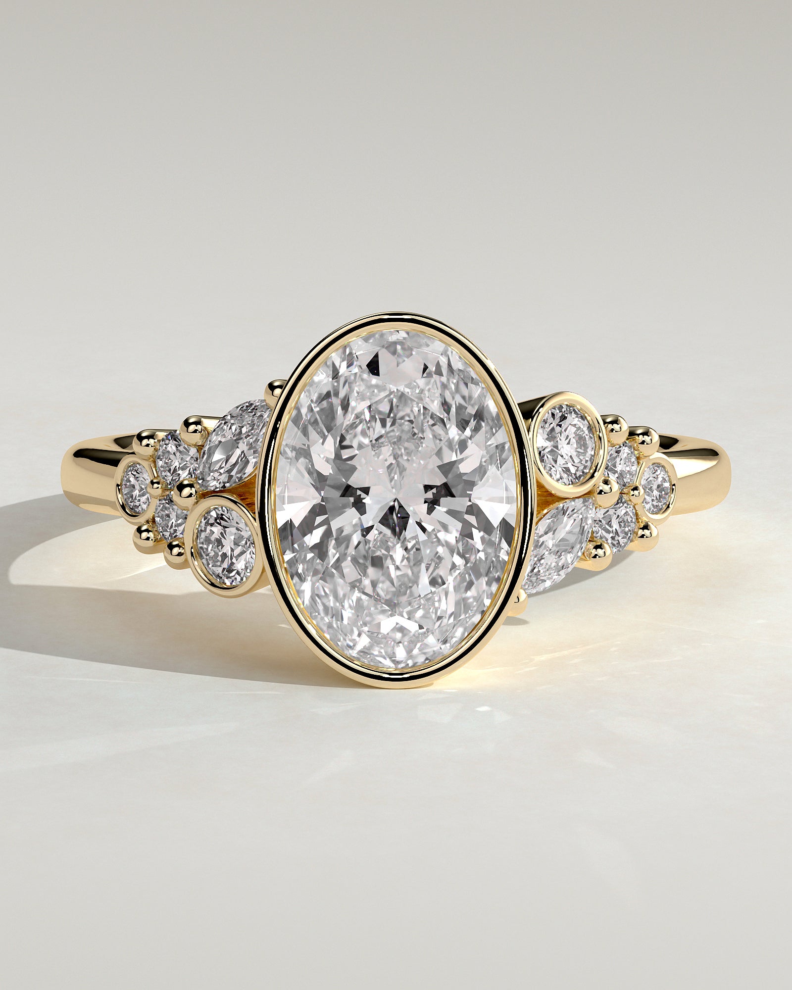 Isabella - Oval Bezel Solitaire with Clustered Round-Marquise Mixed Set Shoulder Stones Engagement Ring - Yellow Gold - Yellow Gold 2ct