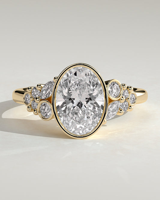 Isabella - Oval Bezel Solitaire with Clustered Round-Marquise Mixed Set Shoulder Stones Engagement Ring - Yellow Gold - Yellow Gold 2ct