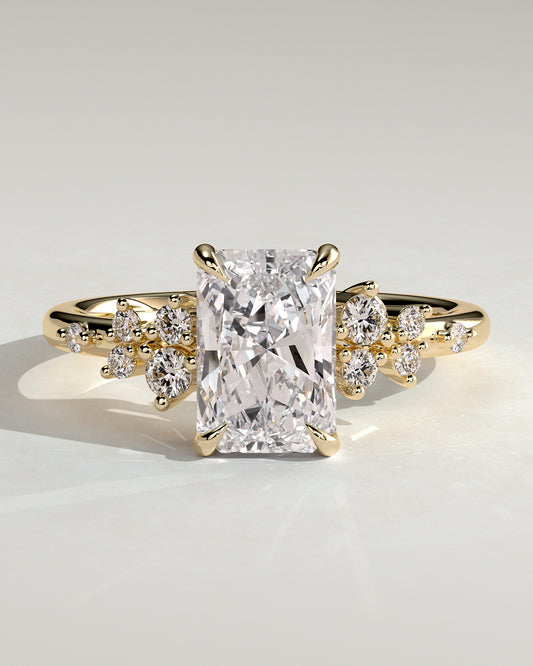 Willow - Radiant Claw Solitaire with Clustered Round Shoulder Stones Engagement Ring - Yellow Gold - Yellow Gold 2ct