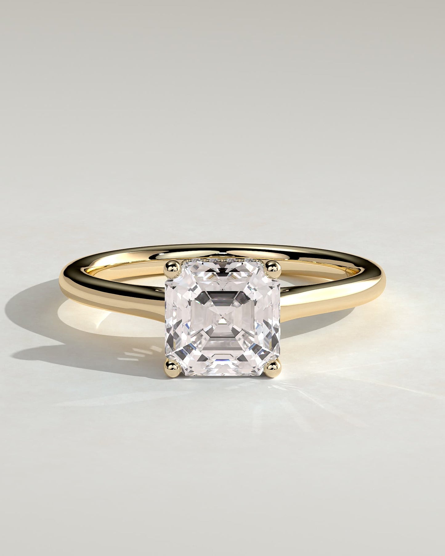 Nia - Asscher Claw Solitaire with Hidden Halo and Cathedral High Setting Engagement Ring - Yellow Gold
