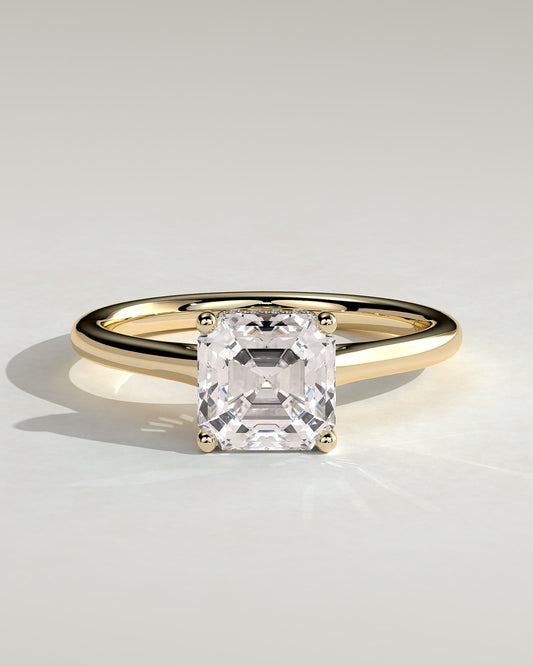 Nia - Asscher Claw Solitaire with Hidden Halo and Cathedral High Setting Engagement Ring - Yellow Gold