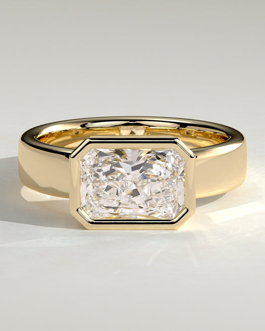 Frankie - Statement Radiant East West Bezel Solitaire with Flat Cigar Band Engagement Ring - Yellow Gold - Yellow Gold 2ct