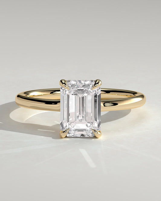 Nara - Emerald Claw Solitaire with Hidden Halo and Floating Cathedral Low Setting Engagement Ring - Yellow Gold