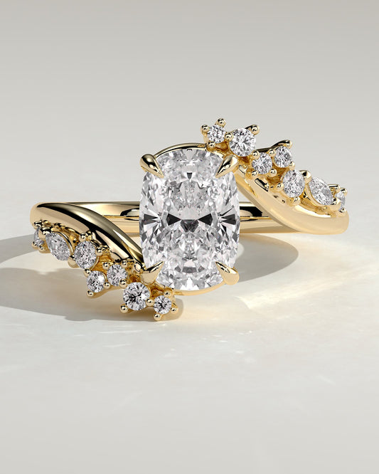 Merida - Elongated Cushion Claw Solitaire with Bypass Band and Clustered Round-Marquise Accent Stones Engagement Ring - Yellow Gold