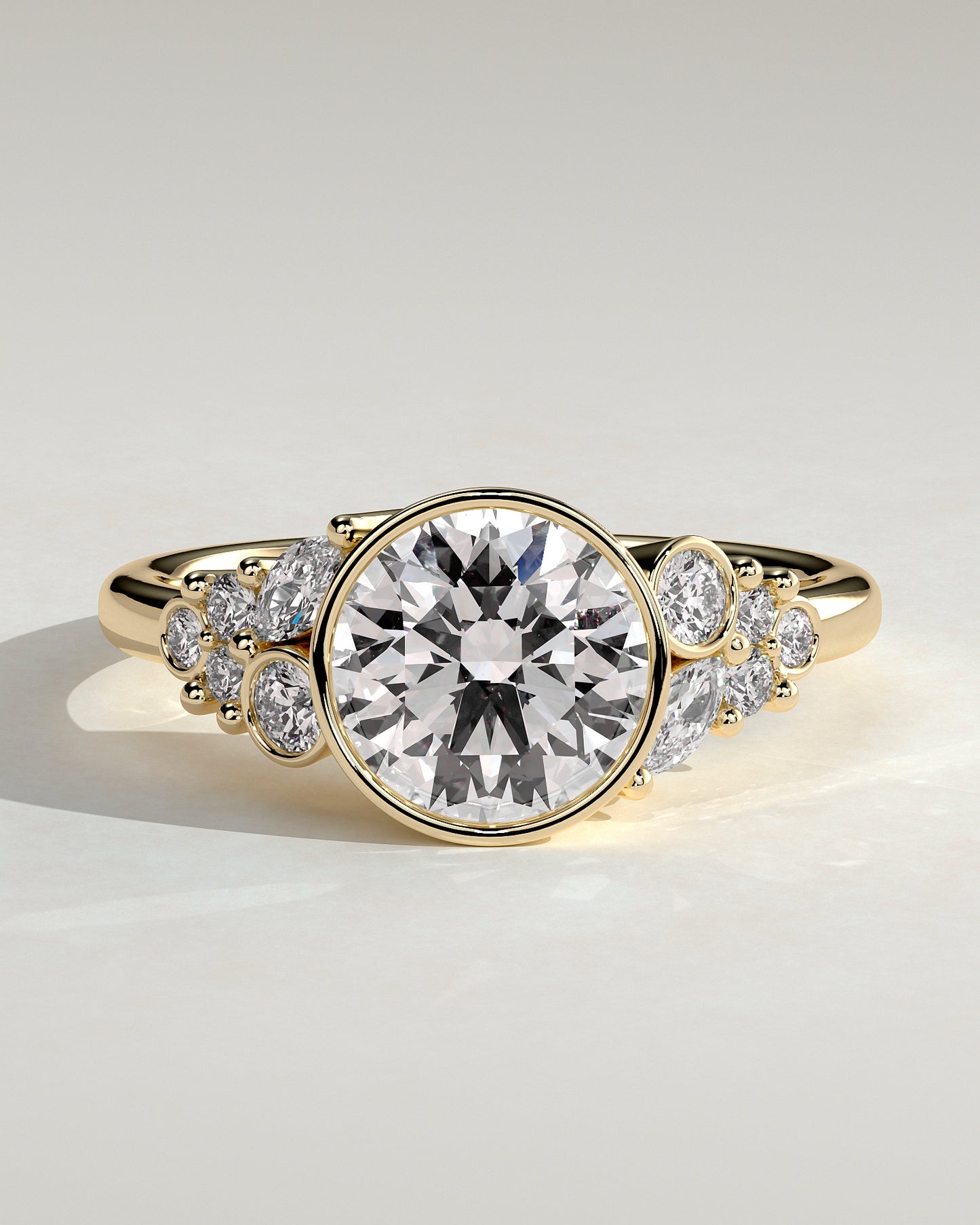 Alessia - Round Bezel Solitaire with Clustered Round-Marquise Mixed Set Shoulder Stones Engagement Ring - Yellow Gold - Yellow Gold 2ct