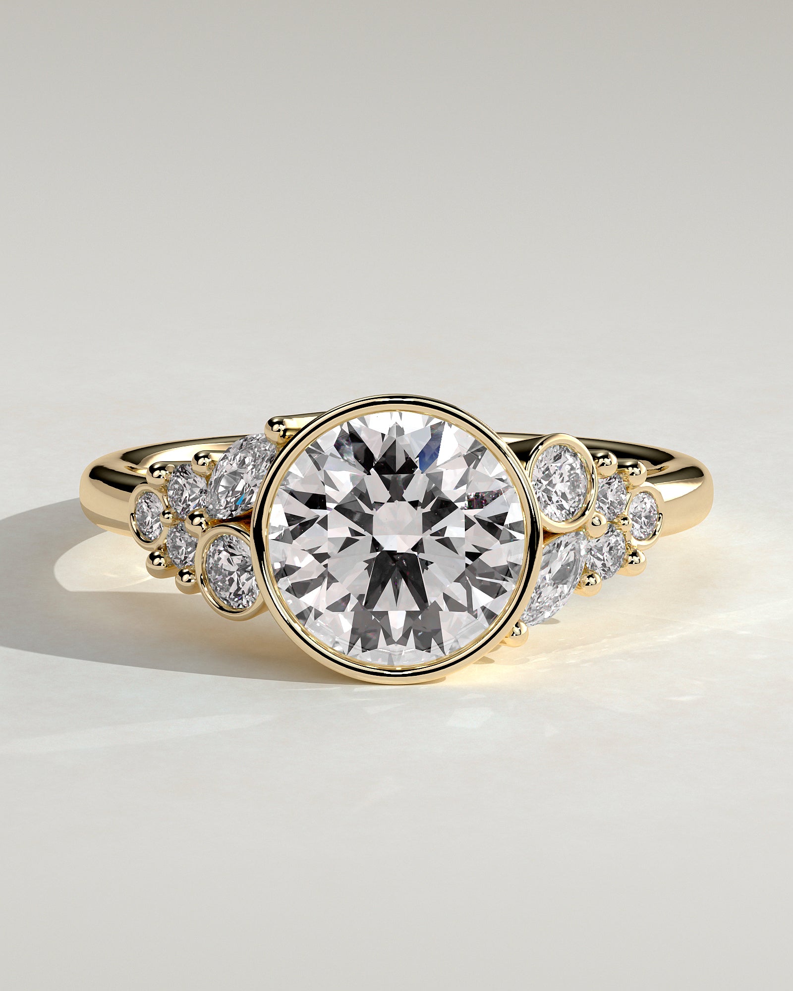 Alessia - Round Bezel Solitaire with Clustered Round-Marquise Mixed Set Shoulder Stones Engagement Ring - Yellow Gold - Yellow Gold 2ct
