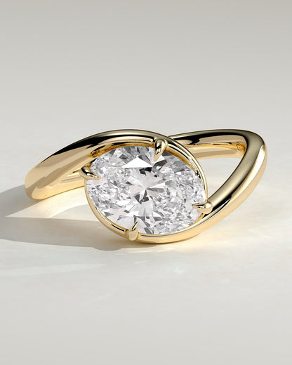 Casey - Oval East West Claw Solitaire with Bypass Band  Engagement Ring - Yellow Gold