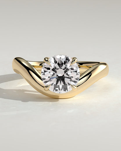Charlotte - Round East West Claw Solitaire with Wave Band Engagement Ring - Yellow Gold