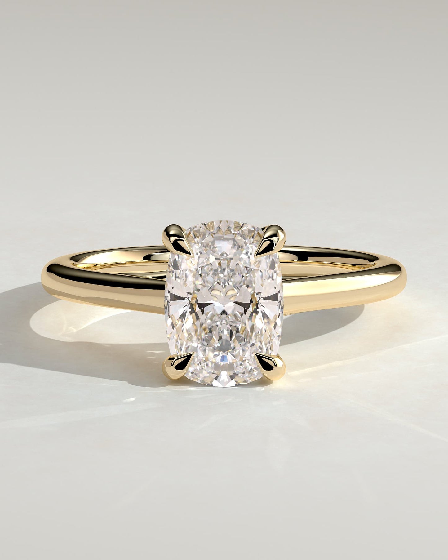 Kelsey - Elongated Cushion Claw Solitaire with Cathedral Low Setting and Open Trellis Gallery Engagement Ring - Yellow Gold