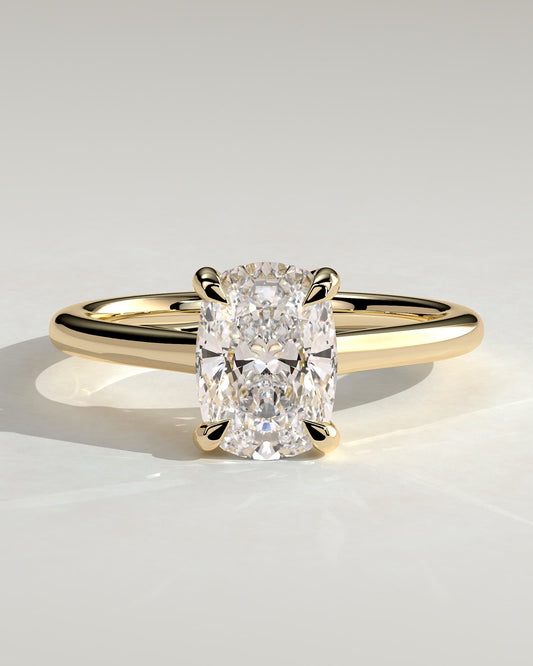 Kelsey - Elongated Cushion Claw Solitaire with Cathedral Low Setting and Open Trellis Gallery Engagement Ring - Yellow Gold