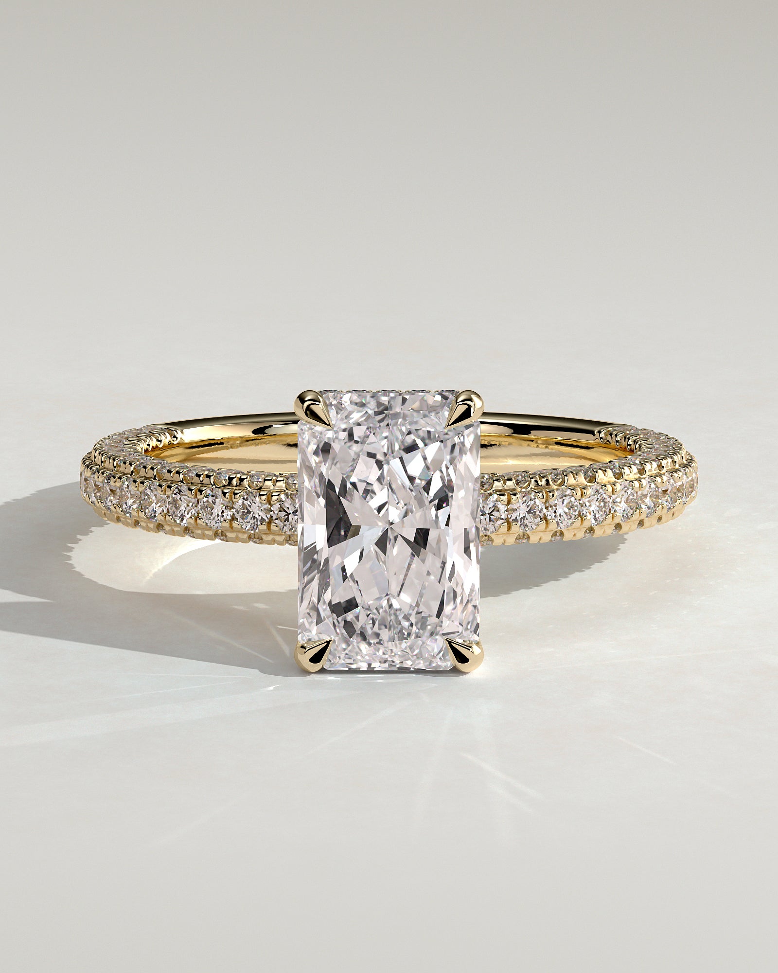 Irene - Radiant Claw Solitaire with Hidden Halo and Triple Pave Band Engagement Ring - Yellow Gold - Yellow Gold 2ct