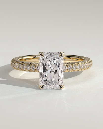 Irene - Radiant Claw Solitaire with Hidden Halo and Triple Pave Band Engagement Ring - Yellow Gold