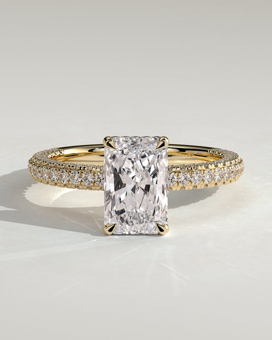 Irene - Radiant Claw Solitaire with Hidden Halo and Triple Pave Band Engagement Ring - Yellow Gold - Yellow Gold 2ct