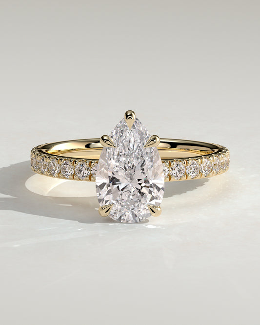 Brynlee - Pear Claw Solitaire with Pave Band Engagement Ring - Yellow Gold - Yellow Gold 2ct