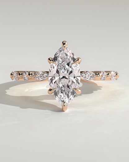 Beatrice - Marquise Claw Solitaire with Marquise and Round Accent Stones Engagement Ring - Rose Gold